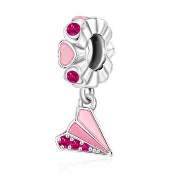 "Paper Plane Promise" Pink Enamel Dangle Charm - 925 Sterling Silver & CZ