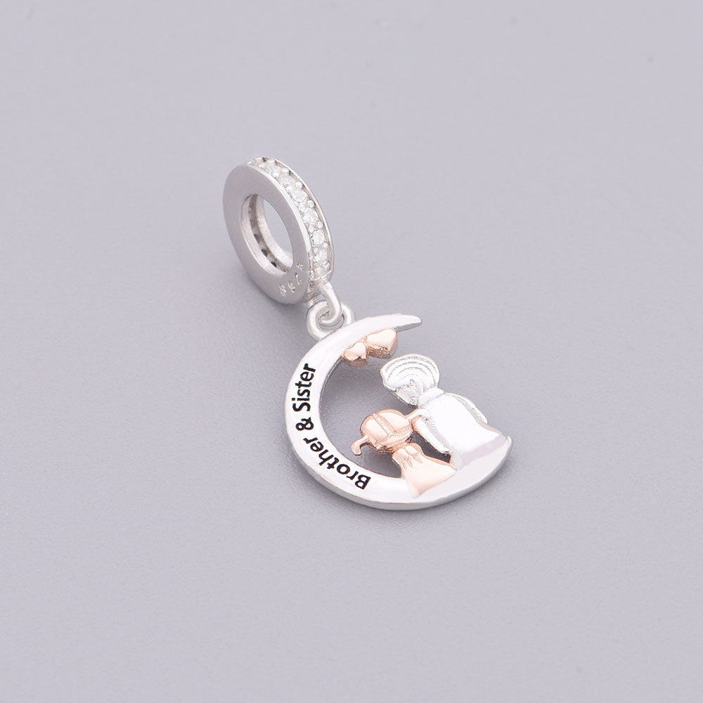 "Kinship Radiance" - 925 Sterling Silver Brother & Sister Moon Dangle Charm