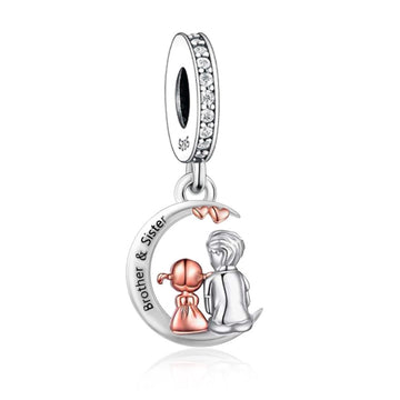 "Kinship Radiance" - 925 Sterling Silver Brother & Sister Moon Dangle Charm