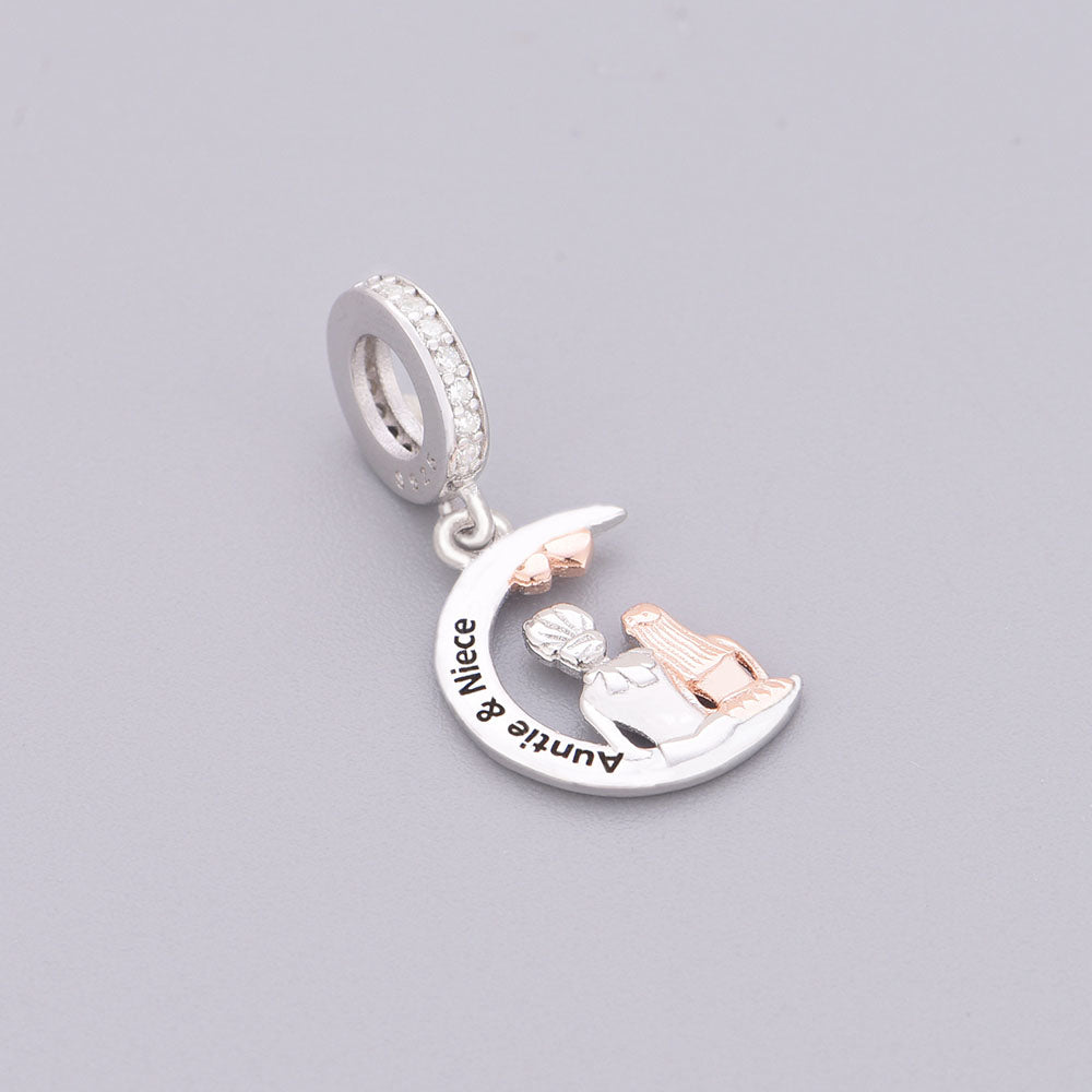 "Guardian Kinship" - 925 Sterling Silver Auntie & Niece Moon Dangle Charm