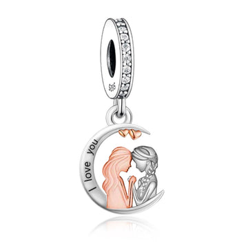 "Luminous Connection" - 925 Sterling Silver Two-Tone I Love You Moon Dangle Charm