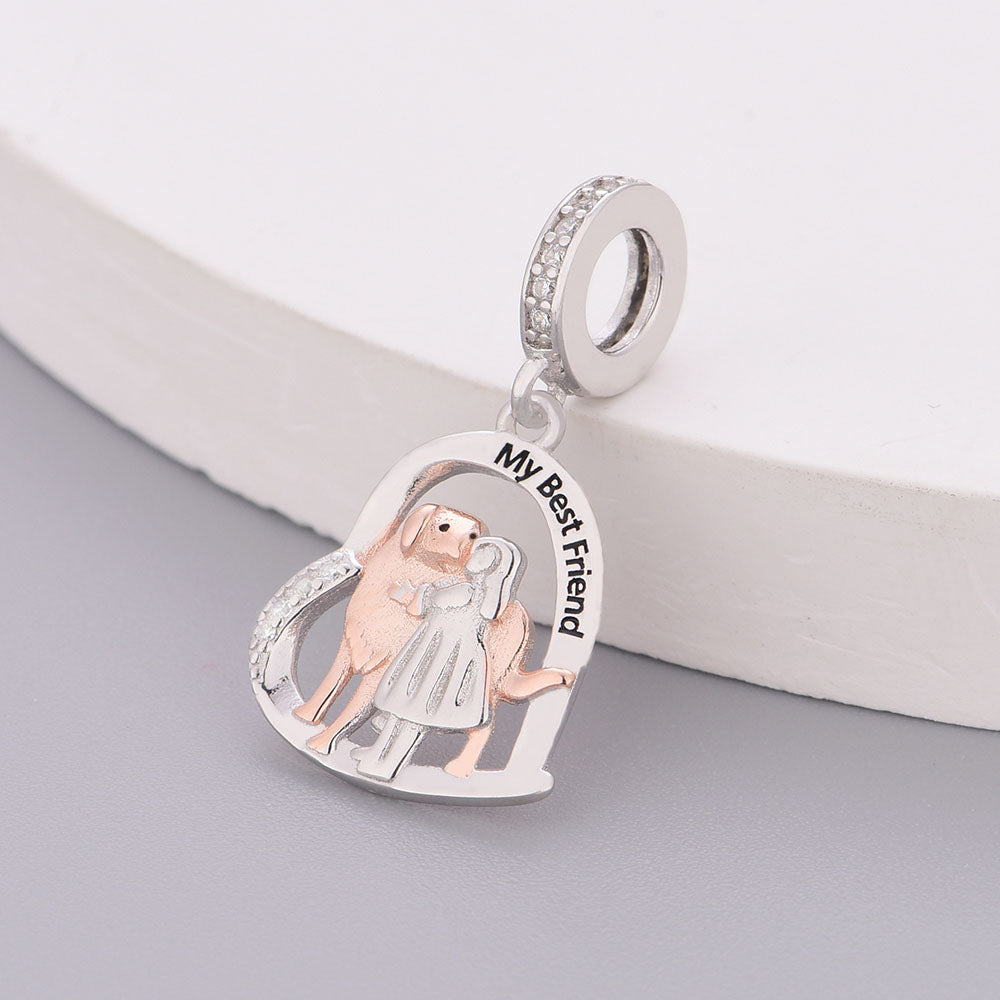 "Loyal Resonance" - 925 Sterling Silver Girl & Dog Best Friend Dangle Charm
