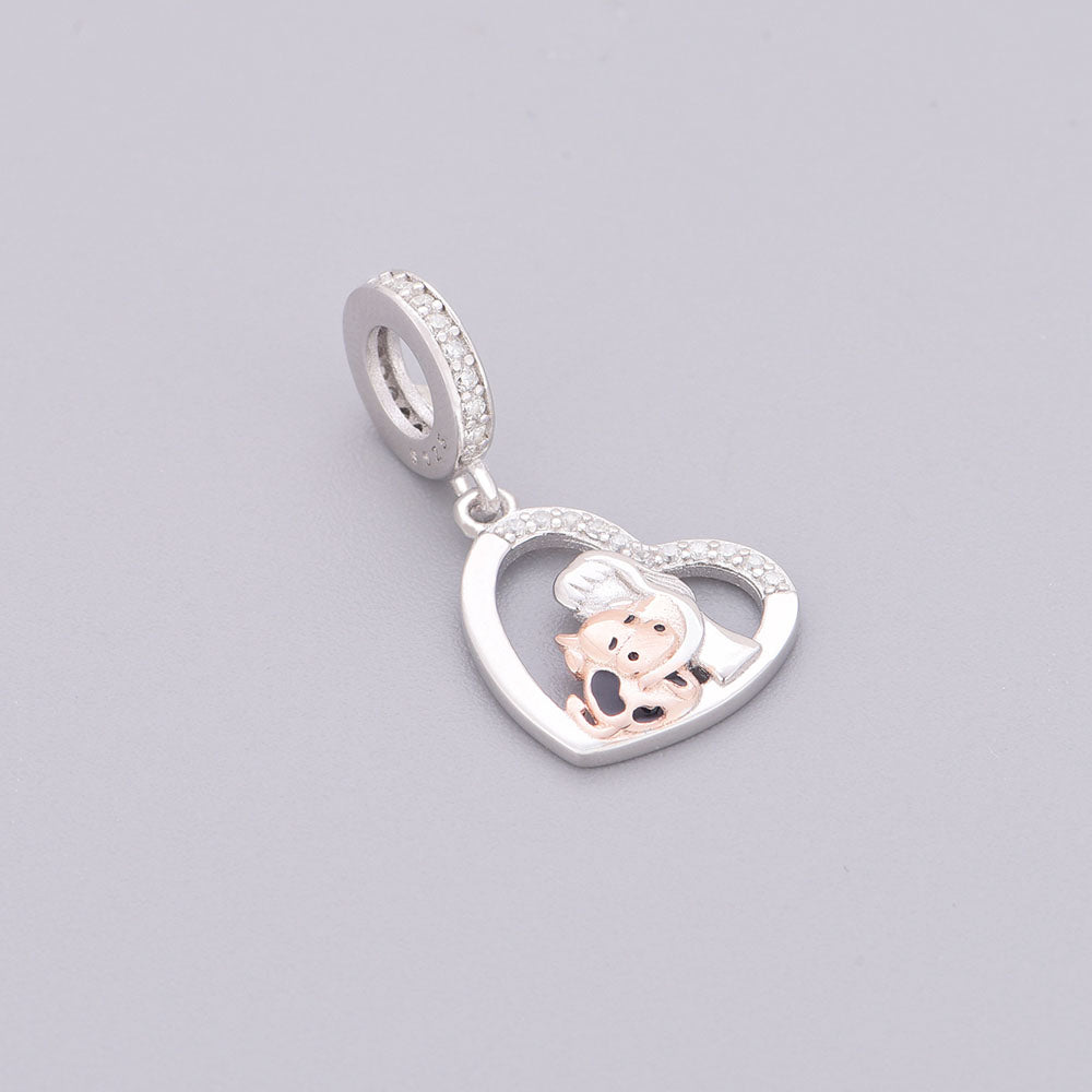 "Pure Empathy" - 925 Sterling Silver Girl & Calf Heart Dangle Charm