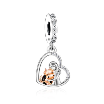 "Pure Empathy" - 925 Sterling Silver Girl & Calf Heart Dangle Charm