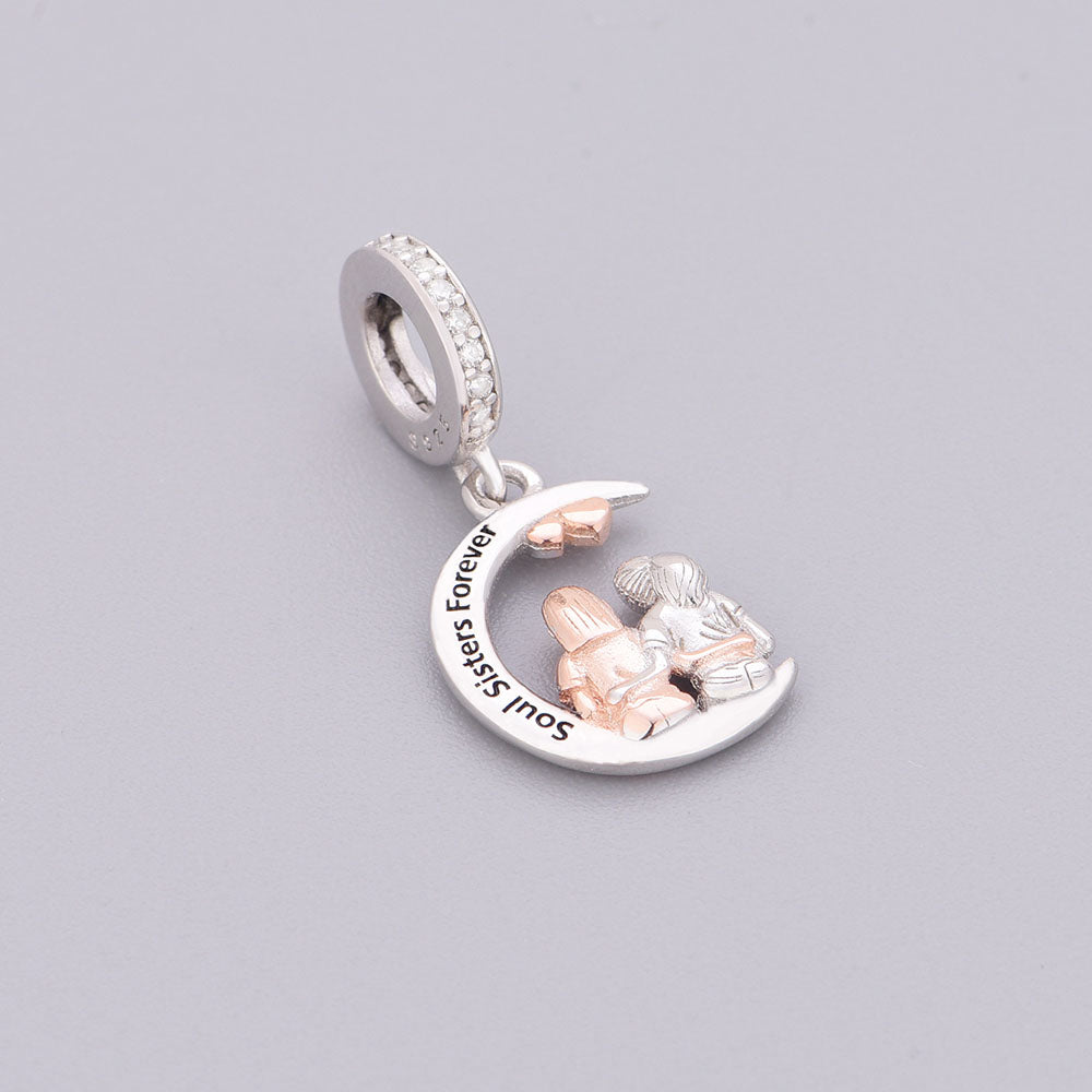 "Sisterly Resonance" - 925 Sterling Silver Soul Sisters Moon Dangle Charm