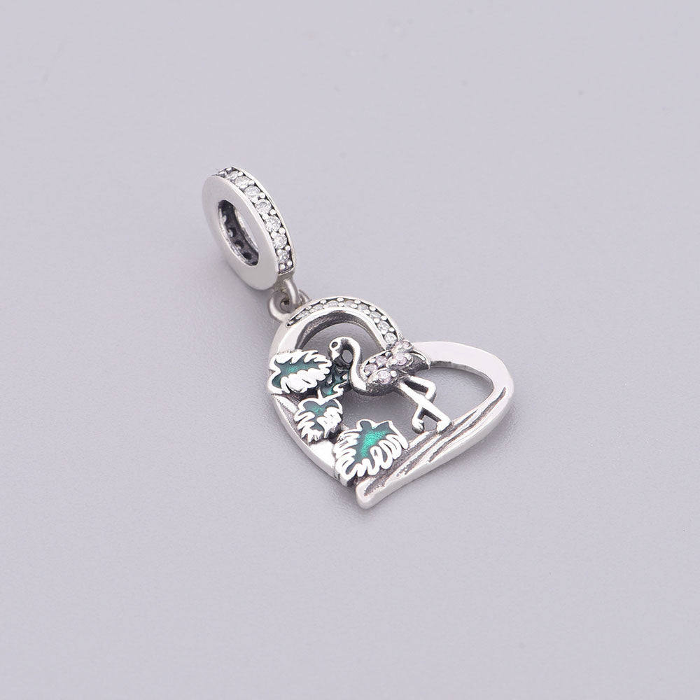 "Tropical Resonance" - 925 Sterling Silver Flamingo & Monstera Dangle Charm
