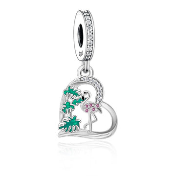 "Tropical Resonance" - 925 Sterling Silver Flamingo & Monstera Dangle Charm
