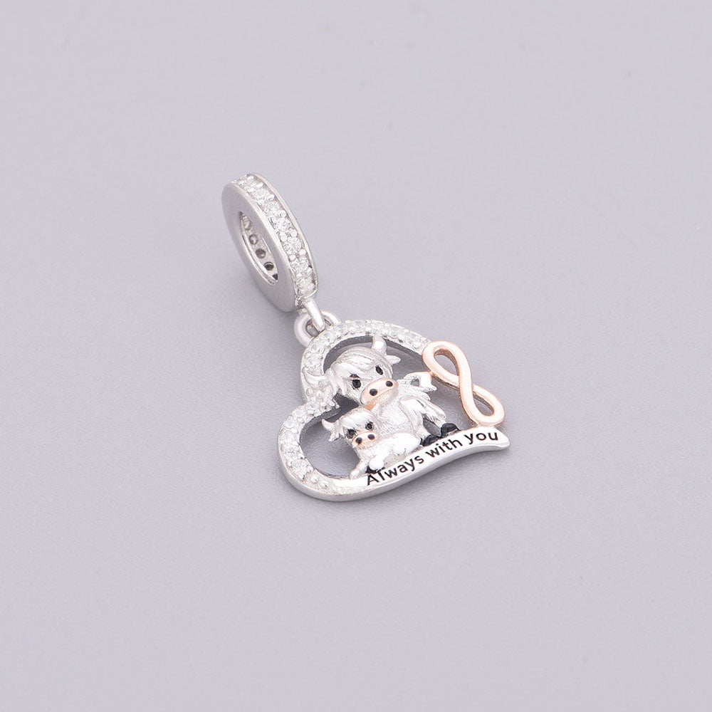 "Endless Connection" Highland Cow Family Heart Dangle - Two-Tone 925 Silver & CZ