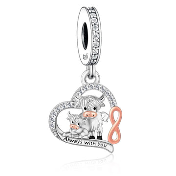 "Endless Connection" Highland Cow Family Heart Dangle - Two-Tone 925 Silver & CZ