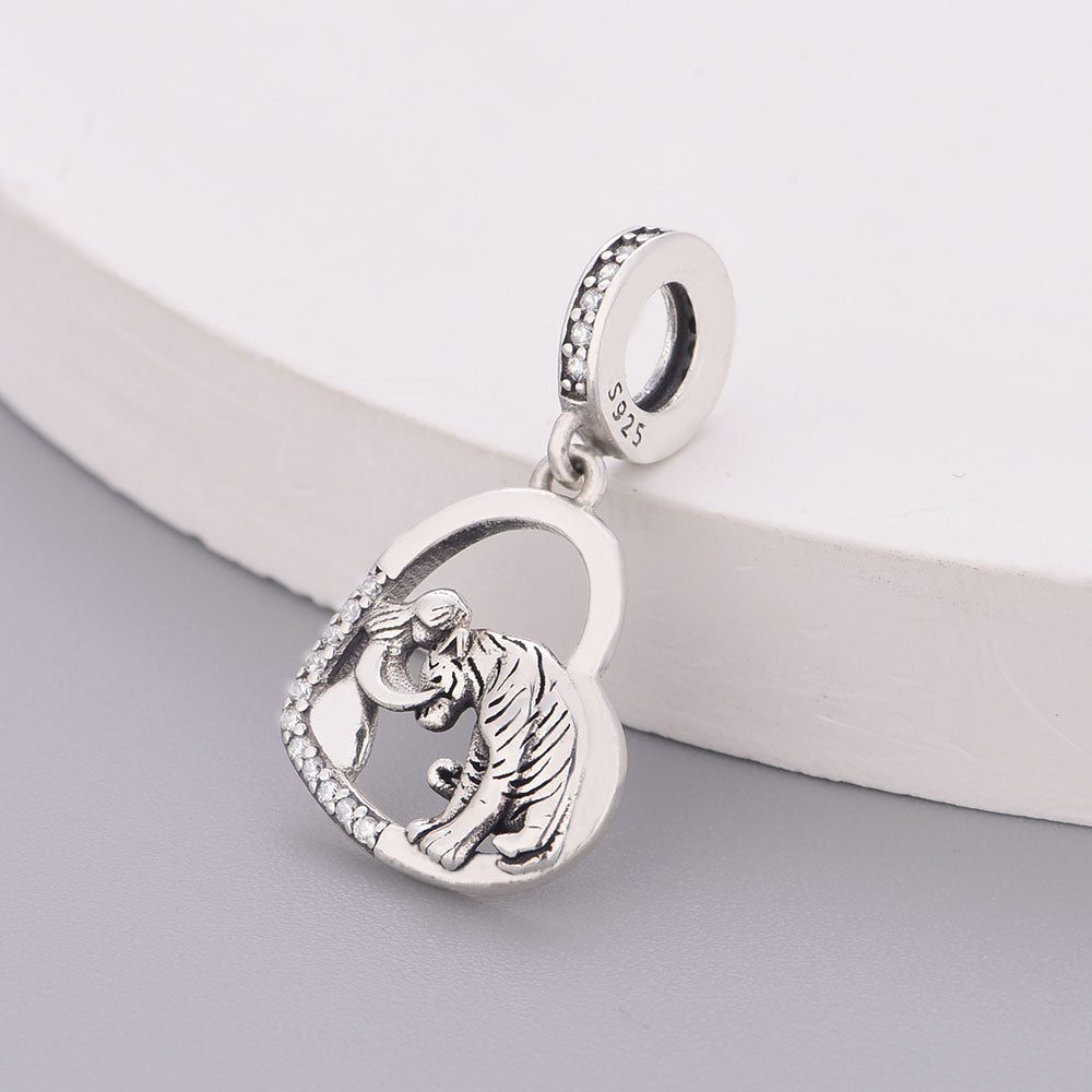 "Untamed Tenderness" - 925 Sterling Silver Girl Kissing Tiger Heart Dangle Charm