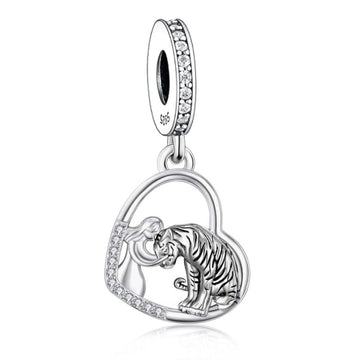 "Untamed Tenderness" - 925 Sterling Silver Girl Kissing Tiger Heart Dangle Charm