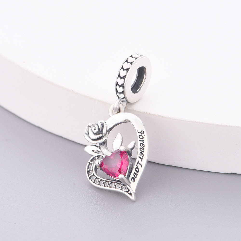 "Eternal Bloom" Forever Love Heart Charm - 925 Sterling Silver & Ruby Pink CZ