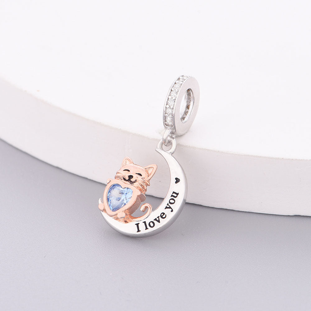 "Whimsical Resonance" - 925 Sterling Silver Cat & Blue Heart Moon Dangle Charm