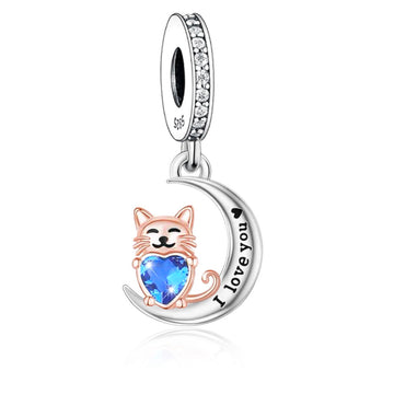 "Whimsical Resonance" - 925 Sterling Silver Cat & Blue Heart Moon Dangle Charm