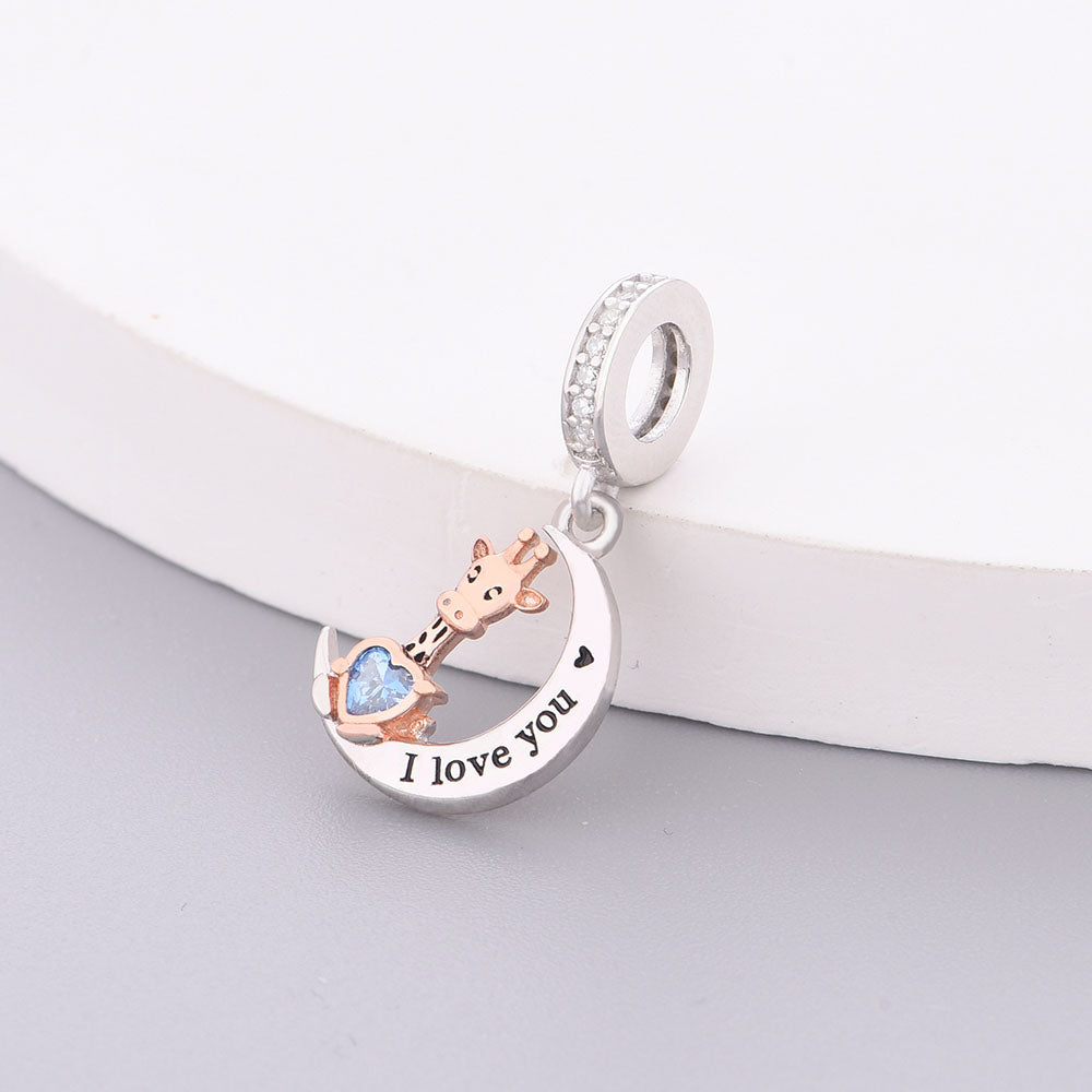 "Gentle Horizon" - 925 Sterling Silver Giraffe & Blue Heart Moon Dangle Charm