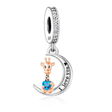 "Gentle Horizon" - 925 Sterling Silver Giraffe & Blue Heart Moon Dangle Charm