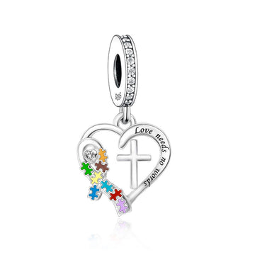 "Sacred Compassion" - 925 Sterling Silver Autism Awareness Cross Dangle Charm
