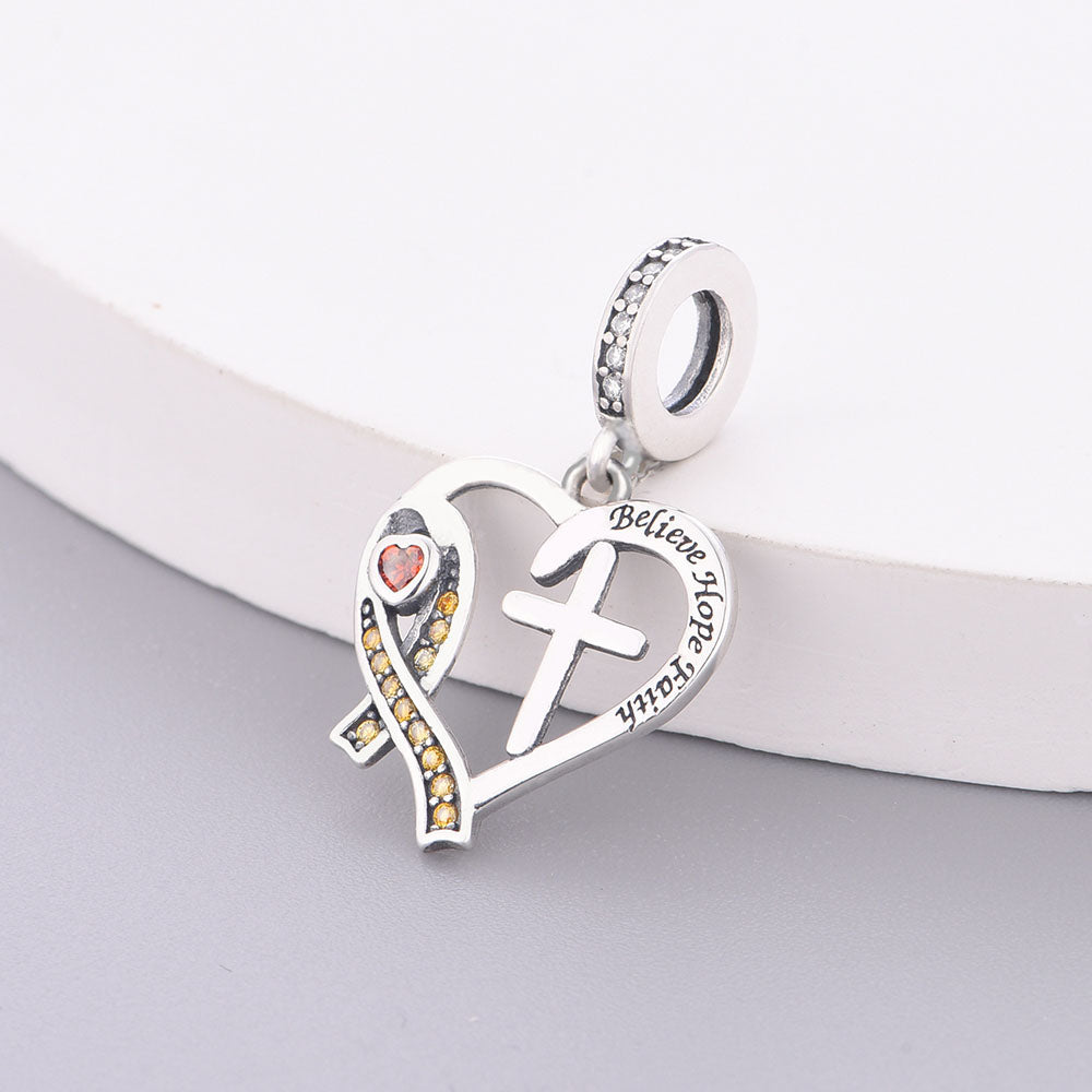 "Radiant Hope" - 925 Sterling Silver Yellow Ribbon Faith Cross Heart Dangle Charm