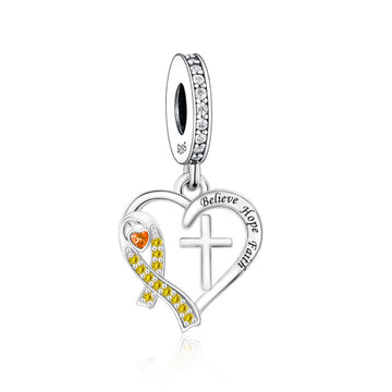 "Radiant Hope" - 925 Sterling Silver Yellow Ribbon Faith Cross Heart Dangle Charm