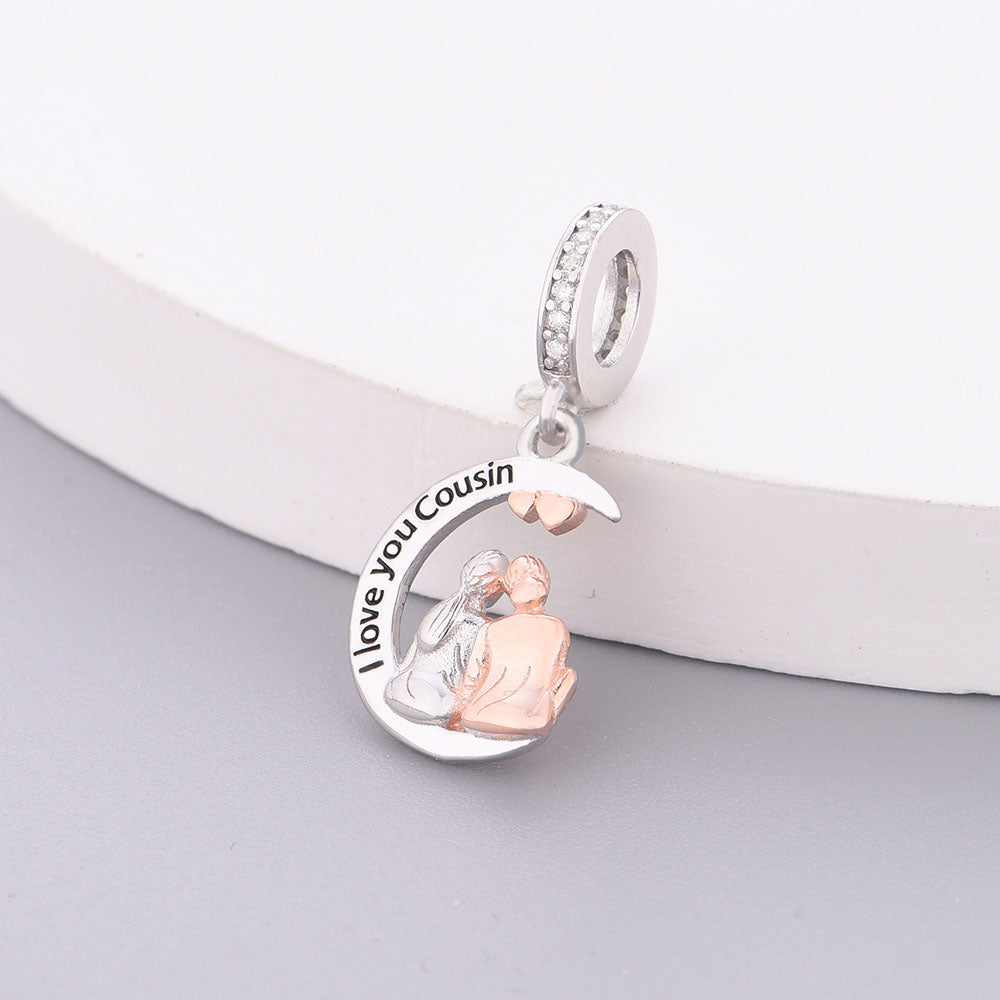 "Cousin Connection" - 925 Sterling Silver Two Cousins Moon Dangle Charm