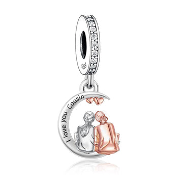 "Cousin Connection" - 925 Sterling Silver Two Cousins Moon Dangle Charm