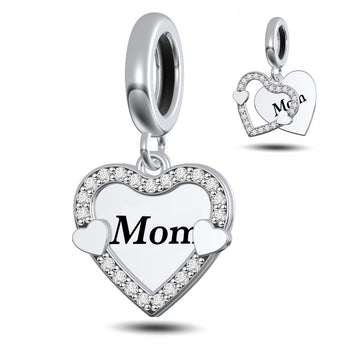 "Heart to Heart" Mom Dangle Charm - 925 Sterling Silver & CZ