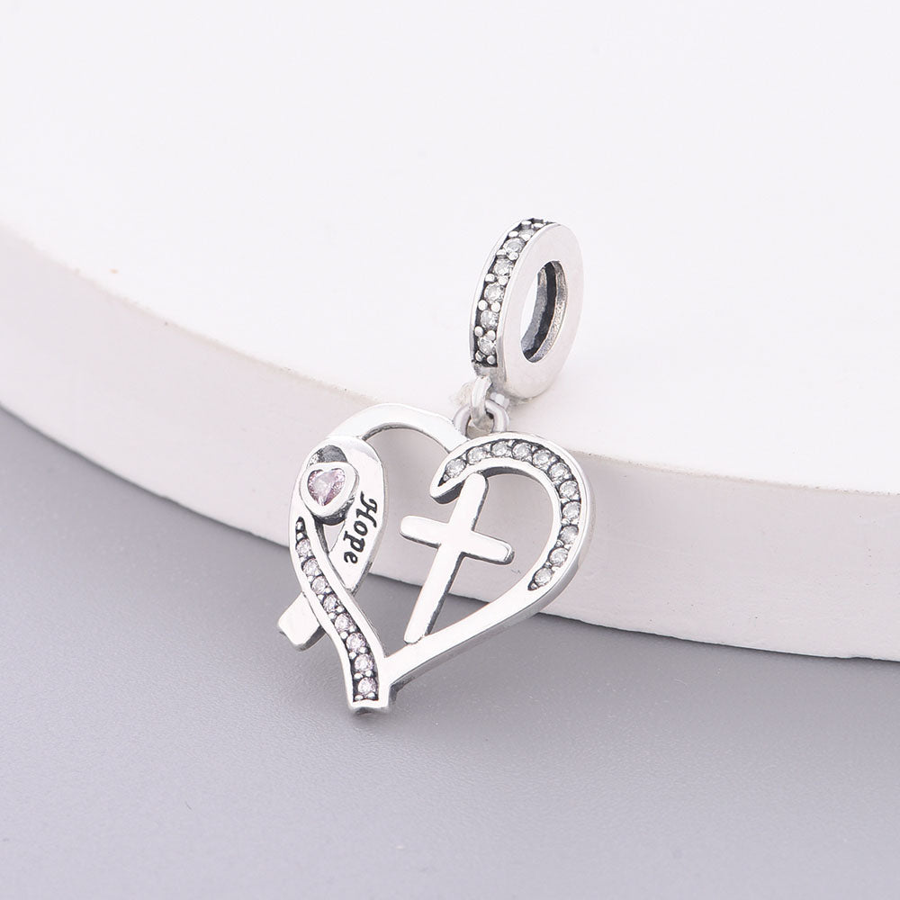 "Luminous Courage" - 925 Sterling Silver Pink Ribbon Hope Cross Heart Dangle Charm