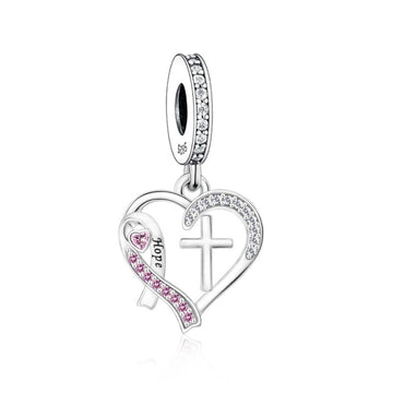 "Luminous Courage" - 925 Sterling Silver Pink Ribbon Hope Cross Heart Dangle Charm