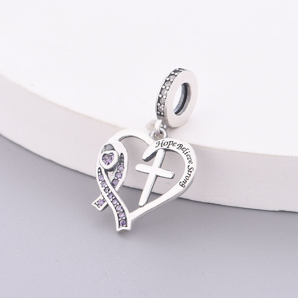 "Everlasting Spirit" - 925 Sterling Silver Purple Ribbon Cross Heart Dangle Charm