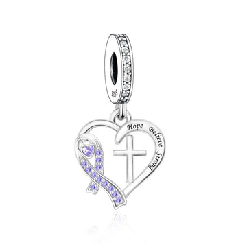 "Everlasting Spirit" - 925 Sterling Silver Purple Ribbon Cross Heart Dangle Charm