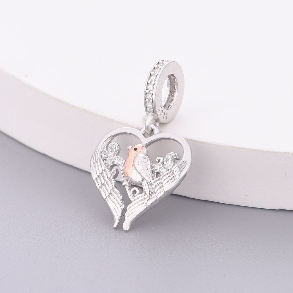 "Song of Hope" Robin Heart Charm - 925 Silver White & Rose Gold Plated