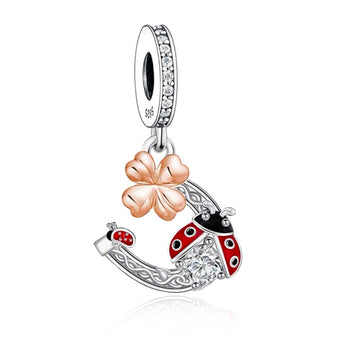 "Luminous Fortune" - 925 Sterling Silver Ladybug Clover Horseshoe Dangle Charm