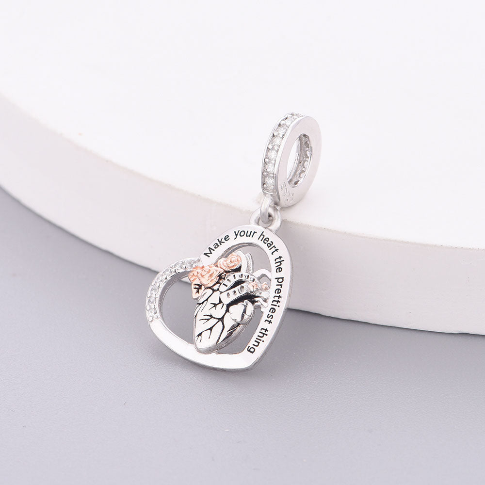 "Radiant Core" - 925 Sterling Silver Rose Heart Anatomical Dangle Charm