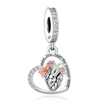 "Radiant Core" - 925 Sterling Silver Rose Heart Anatomical Dangle Charm