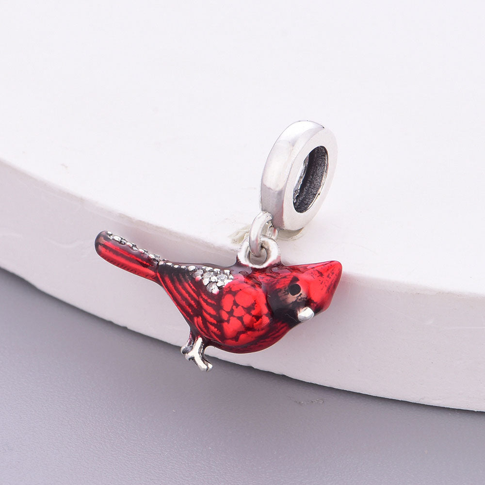 "Crimson Resonance" - 925 Sterling Silver Red Cardinal Bird Dangle Charm