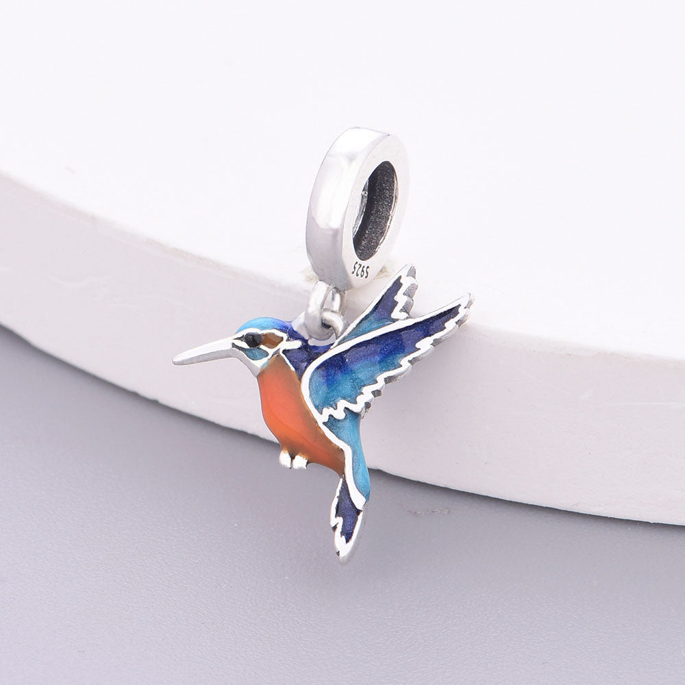 "Azure Reflection" - 925 Sterling Silver Kingfisher Bird Dangle Charm