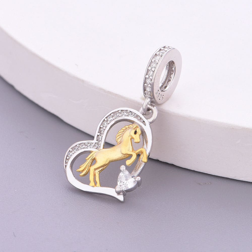 "Majestic Leap" Horse Heart Charm - 925 Silver White & 14K Gold Plated