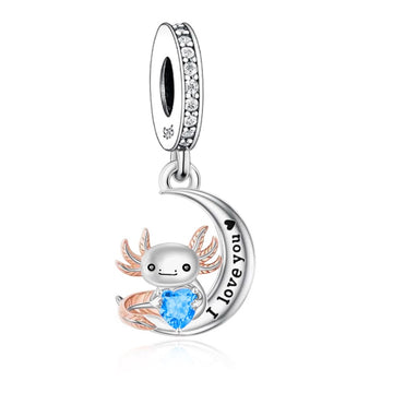 "Lunar Hug" Axolotl Dangle Charm - 925 Silver Rose Gold & Blue Heart CZ