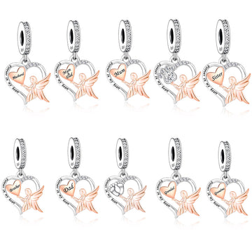 "Angelic Guardianship" - 925 Sterling Silver Family Angel Heart Dangle Charm