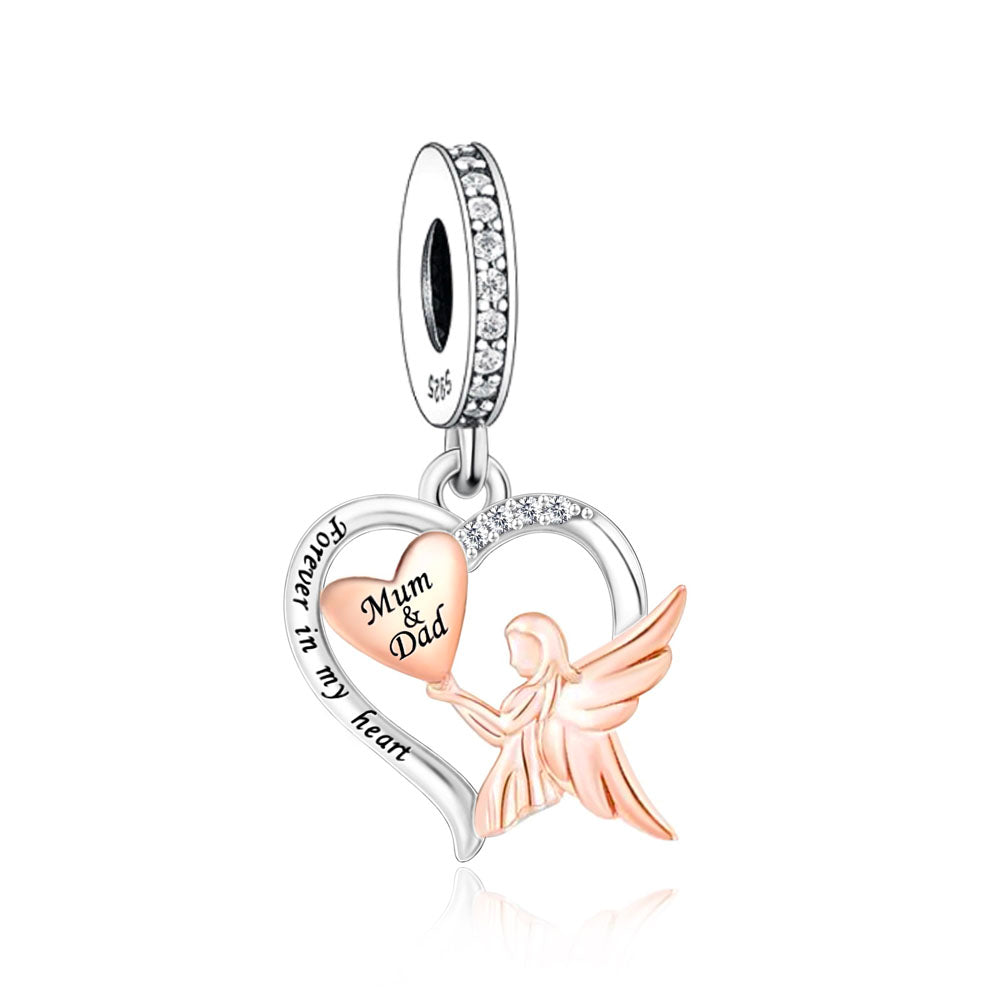 "Angelic Guardianship" - 925 Sterling Silver Family Angel Heart Dangle Charm
