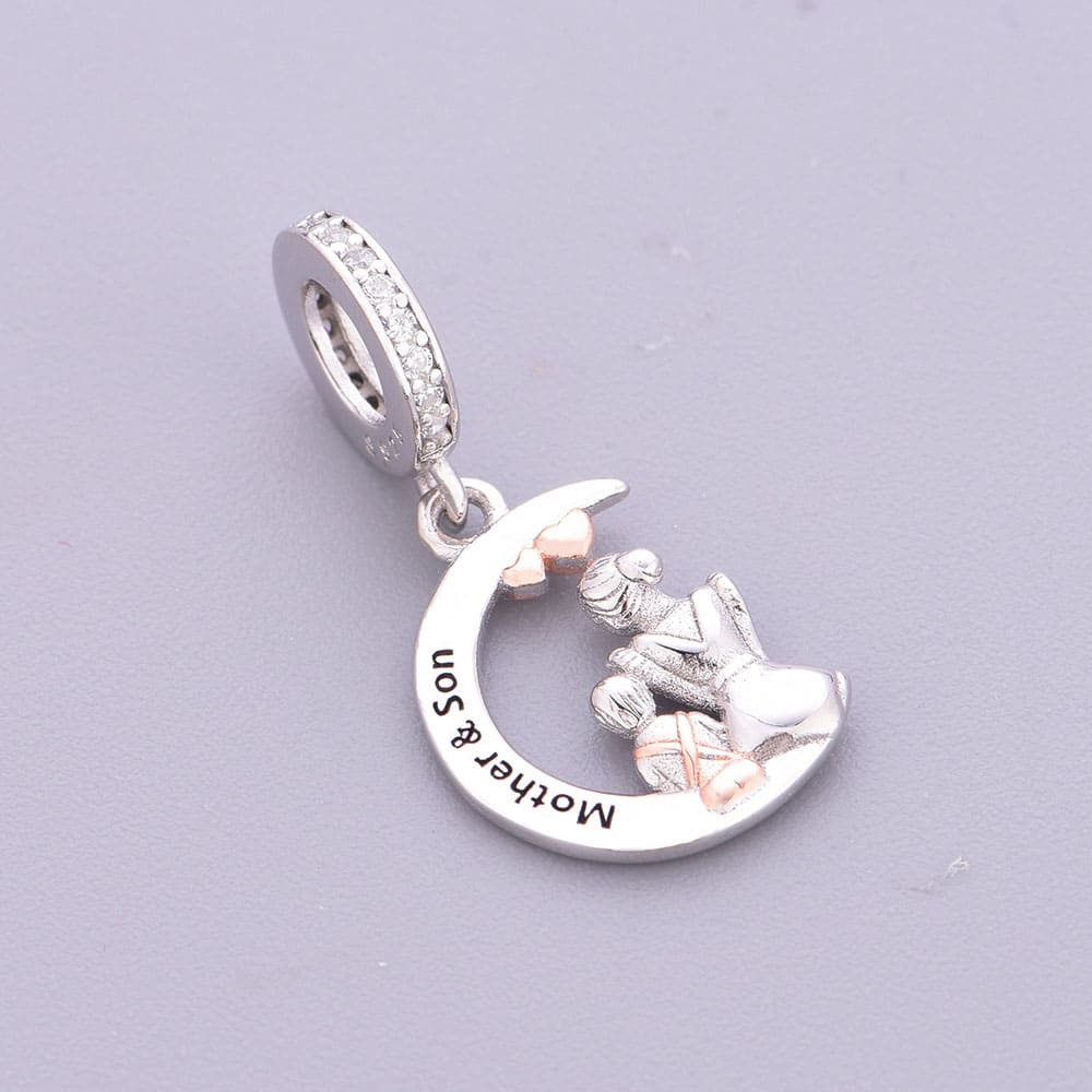 "Lunar Bond" - 925 Sterling Silver Mother & Son Moon Dangle Charm