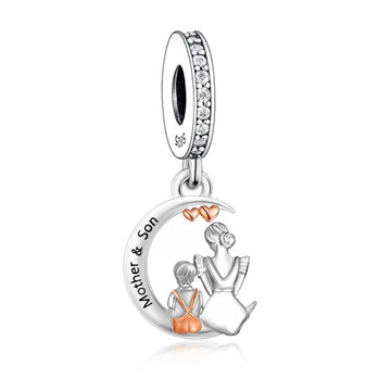 "Lunar Bond" - 925 Sterling Silver Mother & Son Moon Dangle Charm