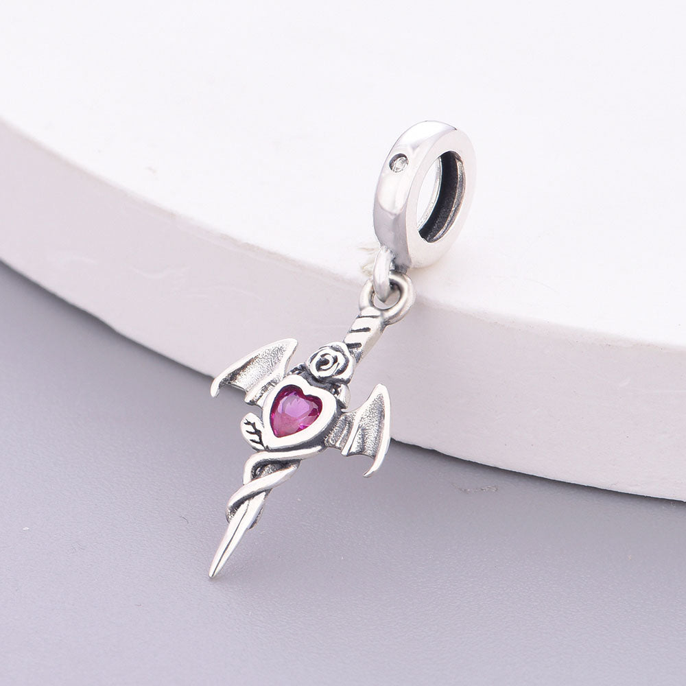 "Crimson Oath" - 925 Sterling Silver Bat Wing Sword & Rose Dangle Charm