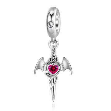 "Crimson Oath" - 925 Sterling Silver Bat Wing Sword & Rose Dangle Charm