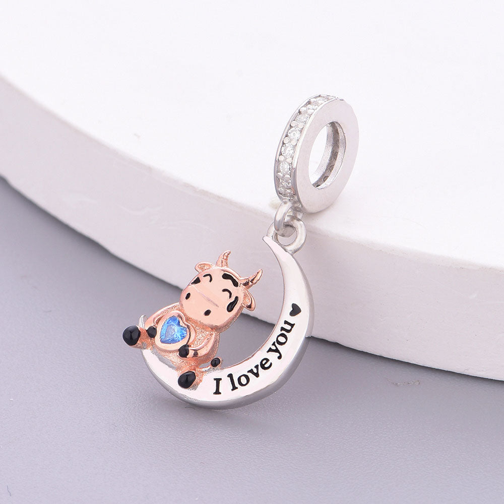 "Celestial Whimsy" - 925 Sterling Silver Cow on Moon Heart Dangle Charm