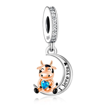 "Celestial Whimsy" - 925 Sterling Silver Cow on Moon Heart Dangle Charm