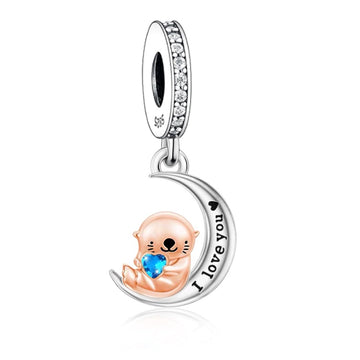 "Love You to the Moon" Otter Dangle Charm - 925 Silver Rose Gold Plated