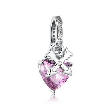 "Cupid’s Pulse" - 925 Sterling Silver Pink Heart Cupid's Arrow Dangle Charm