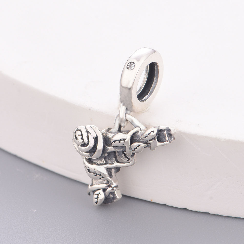 "Guns N' Petals" - 925 Sterling Silver Revolver Rose Vine Dangle Charm
