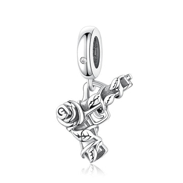 "Guns N' Petals" - 925 Sterling Silver Revolver Rose Vine Dangle Charm